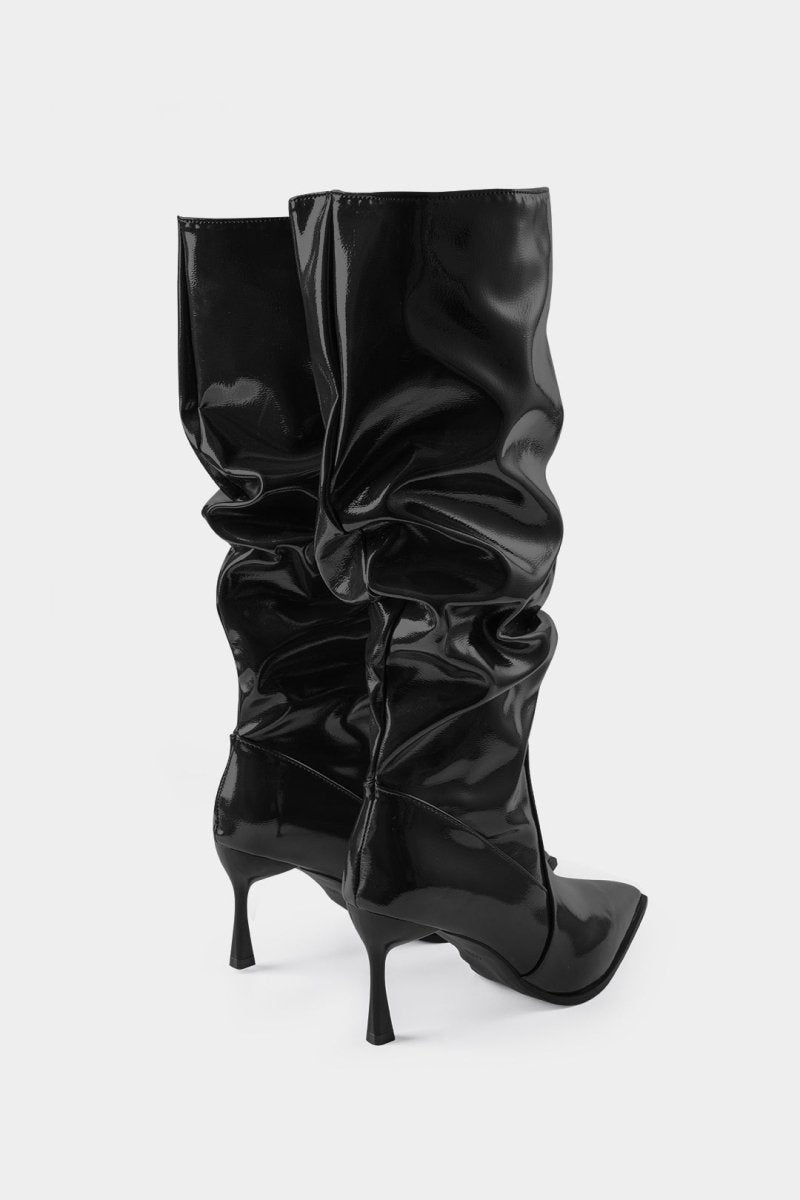 Faux Leather Ruched Pointed Toe Knee High Boots - MISMIMCSBK2409100005-BLACK-37
