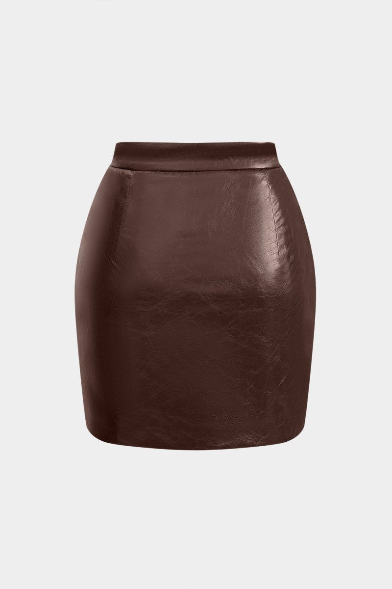 Faux Leather Ruched Skirt - MISMIMCWBK2411150012-BROWN-XS