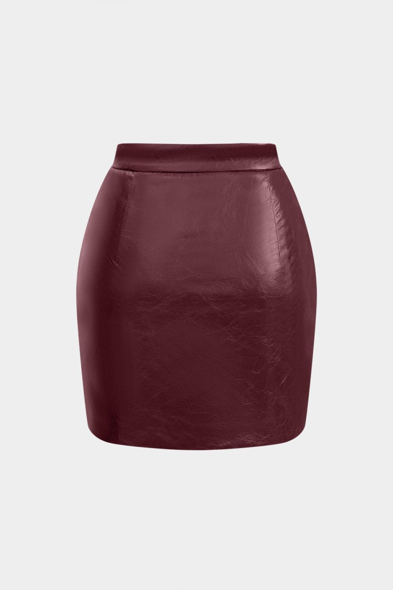 Faux Leather Ruched Skirt - MISMIMCWBK2411150012-BURGUNDY-XS