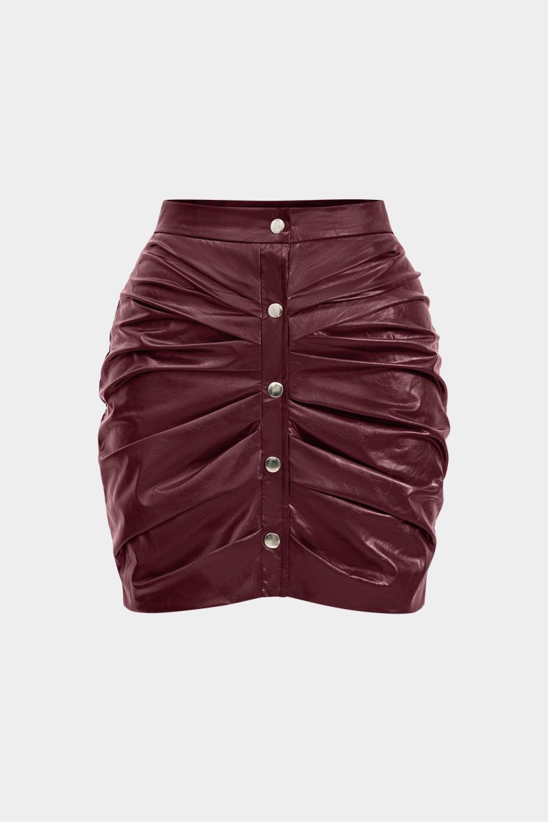 Faux Leather Ruched Skirt - MISMIMCWBK2411150012-BURGUNDY-XS
