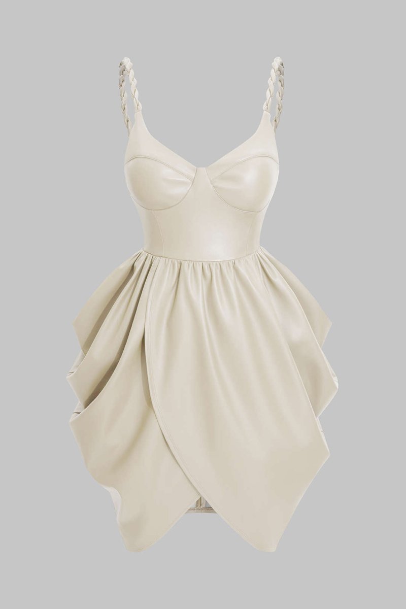 Faux Leather Ruched Twist Knot Sleeveless Mini Dress - MISMIMCWDC2509250119-BEIGE-XS