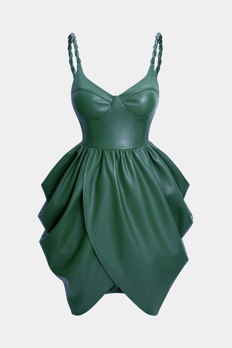 Faux Leather Ruched Twist Knot Sleeveless Mini Dress - MISMIMCWDC2509250119-DARK GREEN-XS