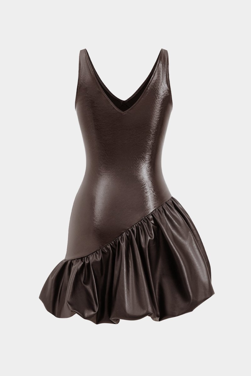 Faux Leather Ruched V - Neck Asymmetrical Mini Dress - MISMIMCWDC2410240037-COFFEE-XS