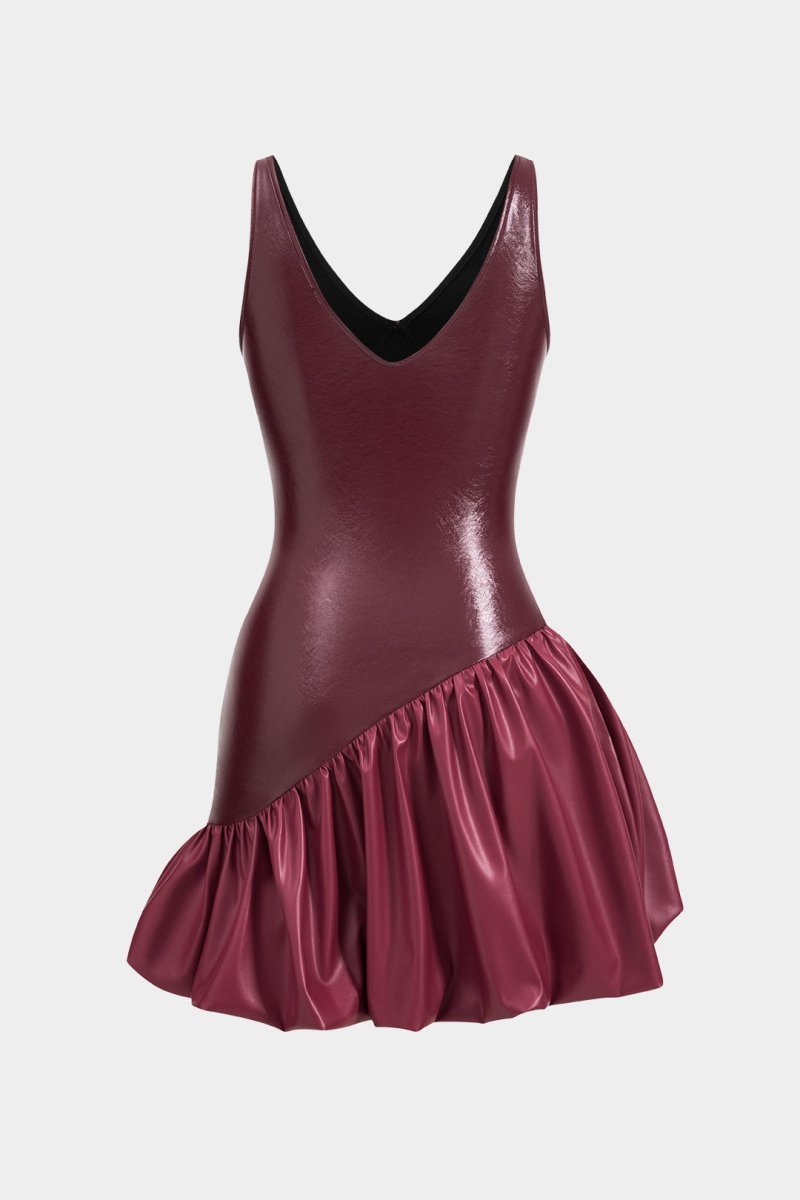Faux Leather Ruched V - Neck Asymmetrical Mini Dress - MISMIMCWDC2410240037-BURGUNDY-XS