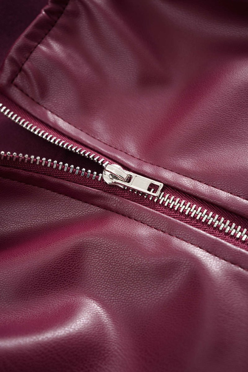 Faux Leather Ruched Zipper Tube Top - MISMIMCWTU2507100095-BURGUNDY-S