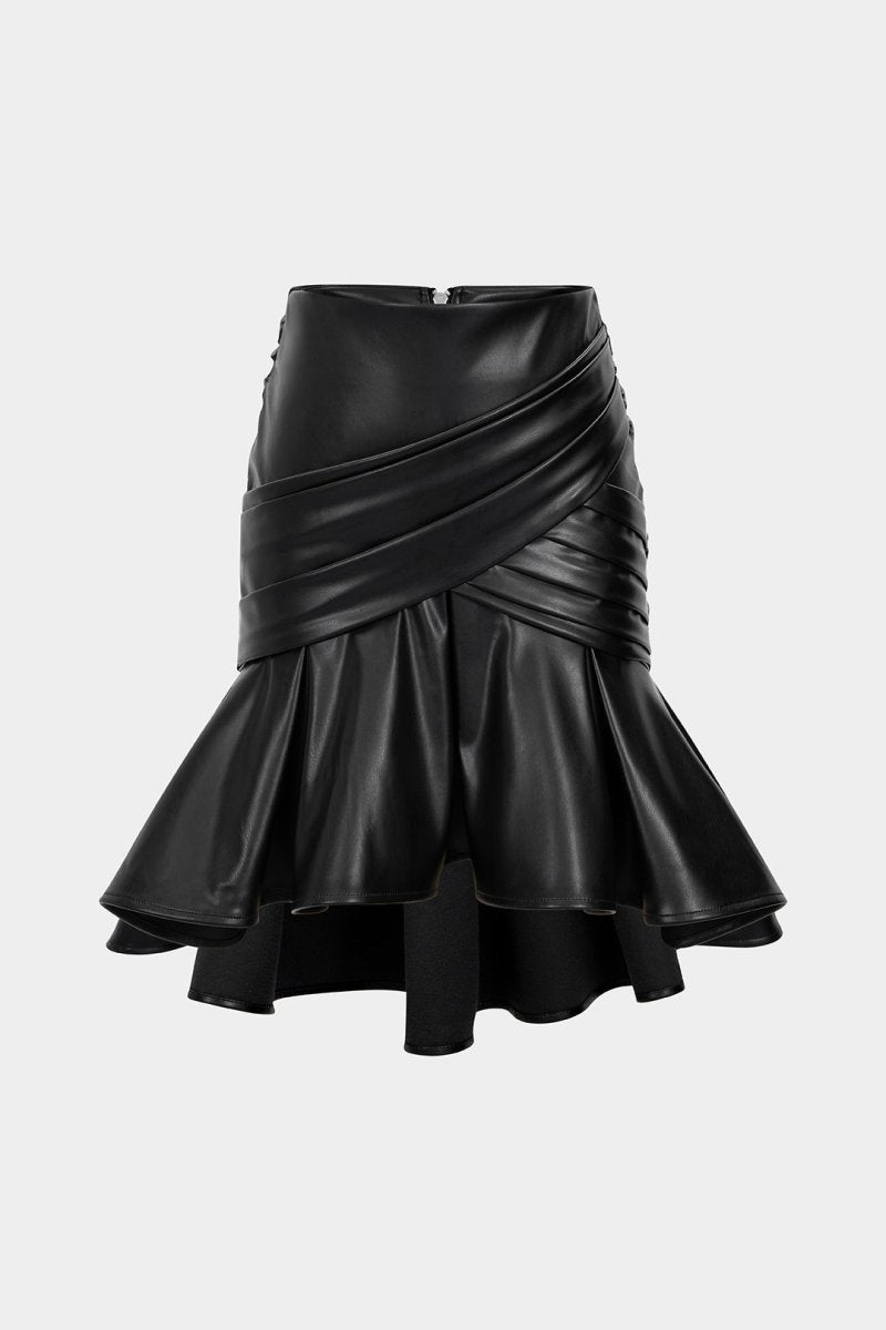 Faux Leather Ruffle Ruched Crossed Skirt - MISMIMCWBK2508010039-BLACK-XS