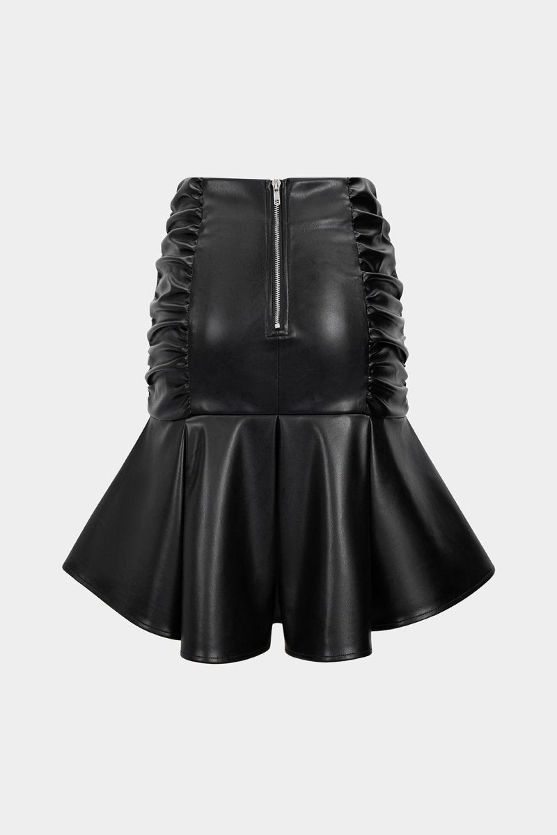 Faux Leather Ruffle Ruched Crossed Skirt - MISMIMCWBK2508010039-BLACK-XS