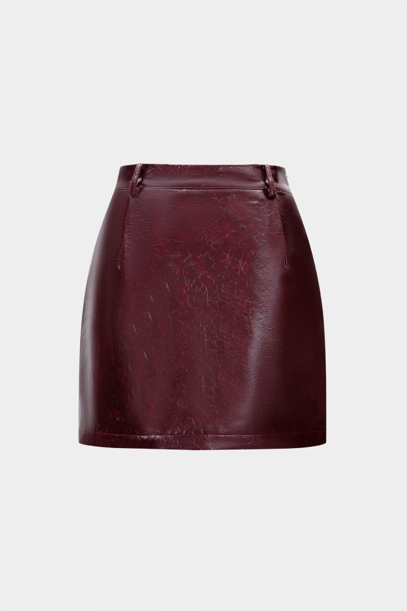 Faux Leather Sequin Patchwork Skirt - MISMIMCWBK2510090033-BURGUNDY-XS