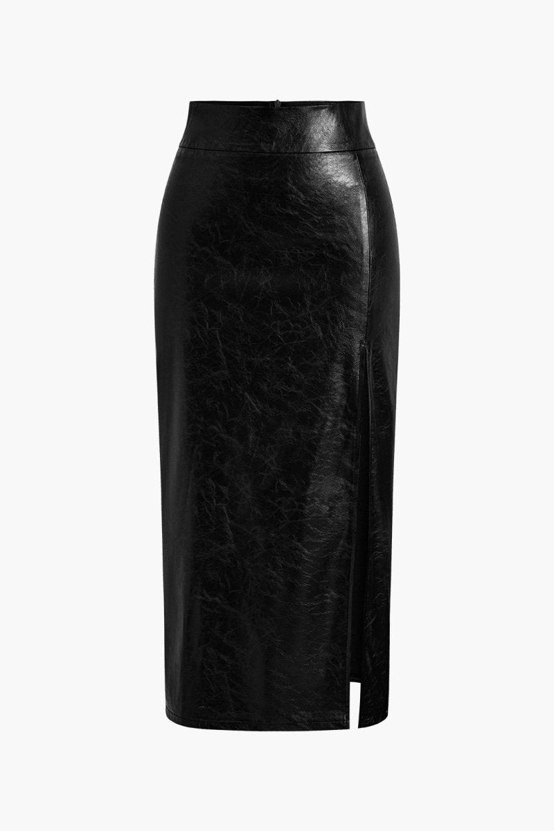 Faux Leather Side Slit Skirt - MISMIMCWBK2410110026-BLACK-XS