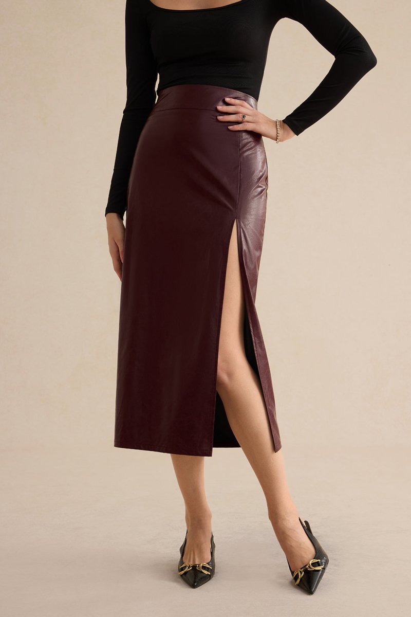 Faux Leather Side Slit Skirt - MISMIMCWBK2410110026-BURGUNDY-XS