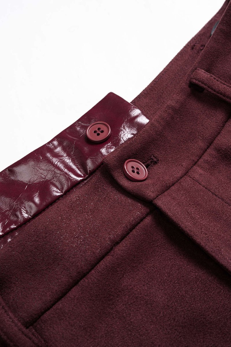 Faux Leather Suede Patchwork High Waist Asymmetrical Pants - MISMIMCWNJ2509200100-BURGUNDY-XS