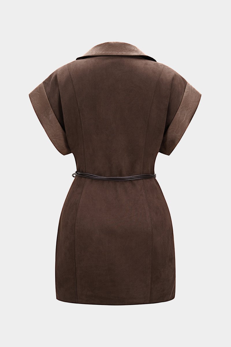 Faux Leather Suede V - Neck Patchwork Belted Sleeveless Mini Dress - MISMIMCWDC2506110126-COFFEE-XS
