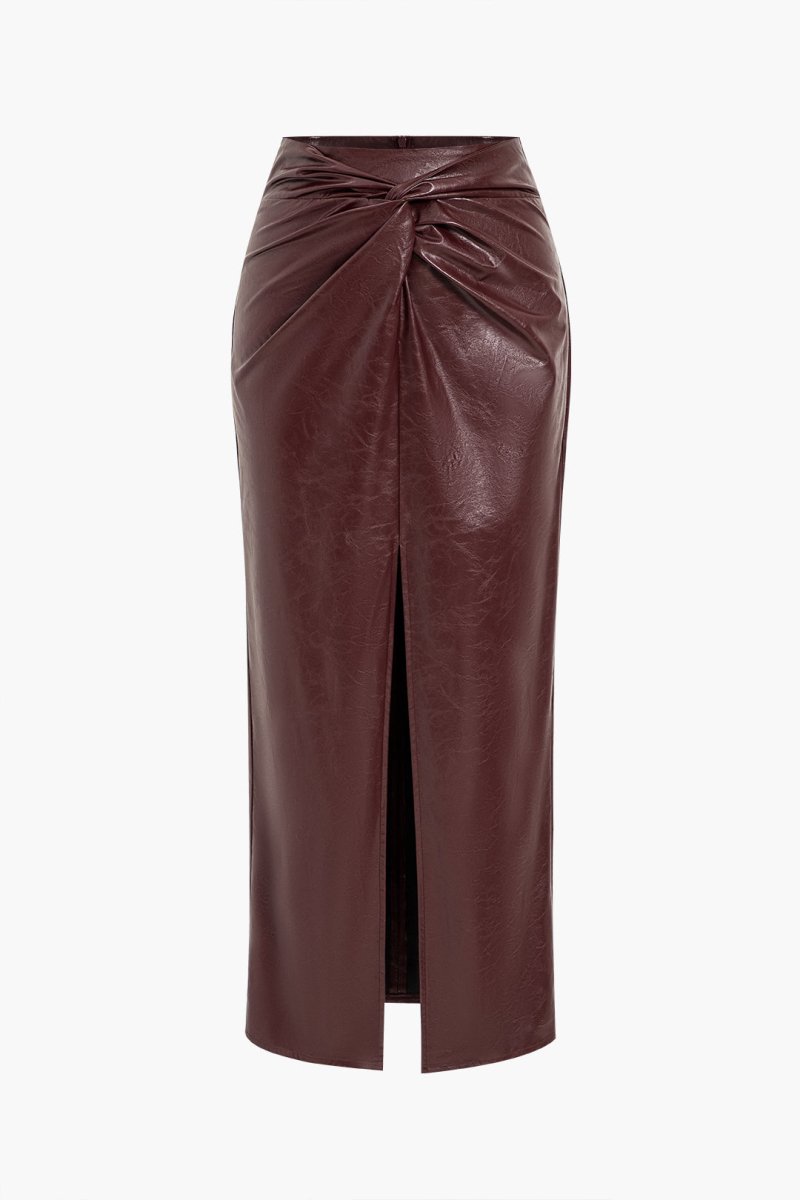 Faux Leather Twist Slit Skirt - MISMIMCWBK2410150057-BURGUNDY-XS