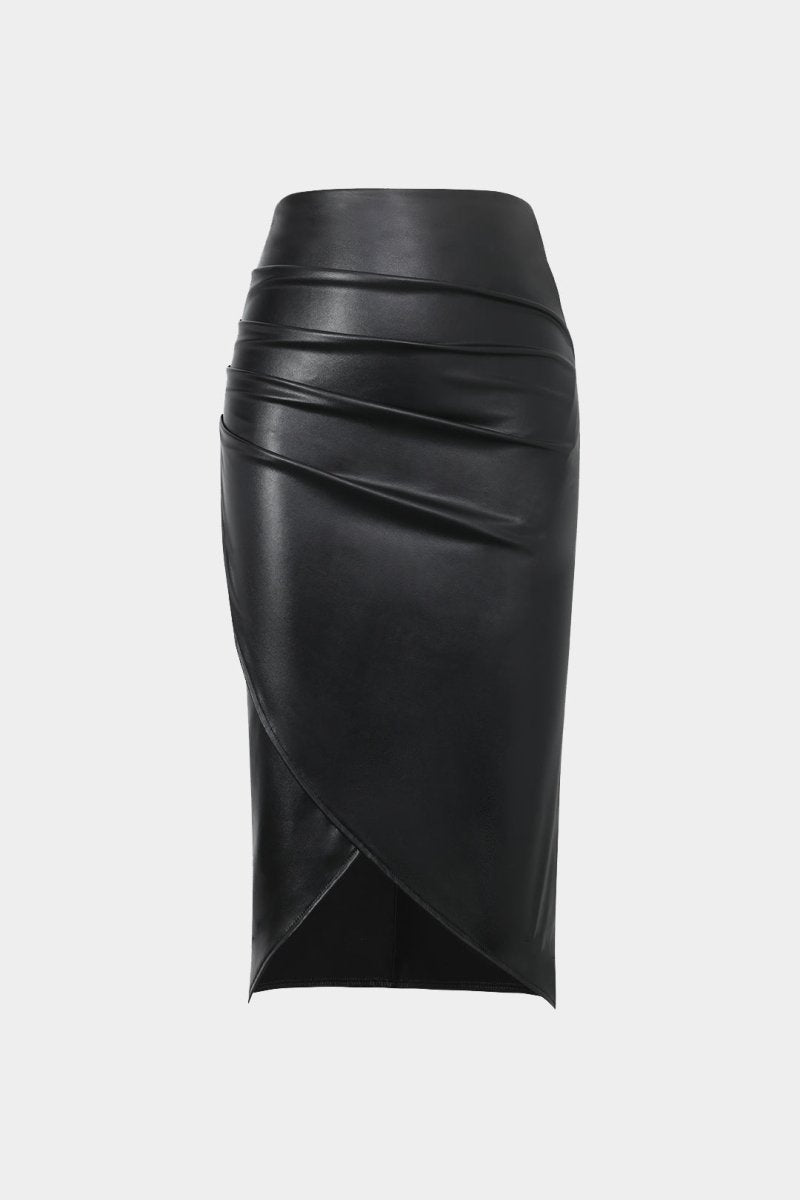 Faux Leather Wrap Ruched Midi Skirt - MISMIMCWBK2209180024-BLACK-XXS