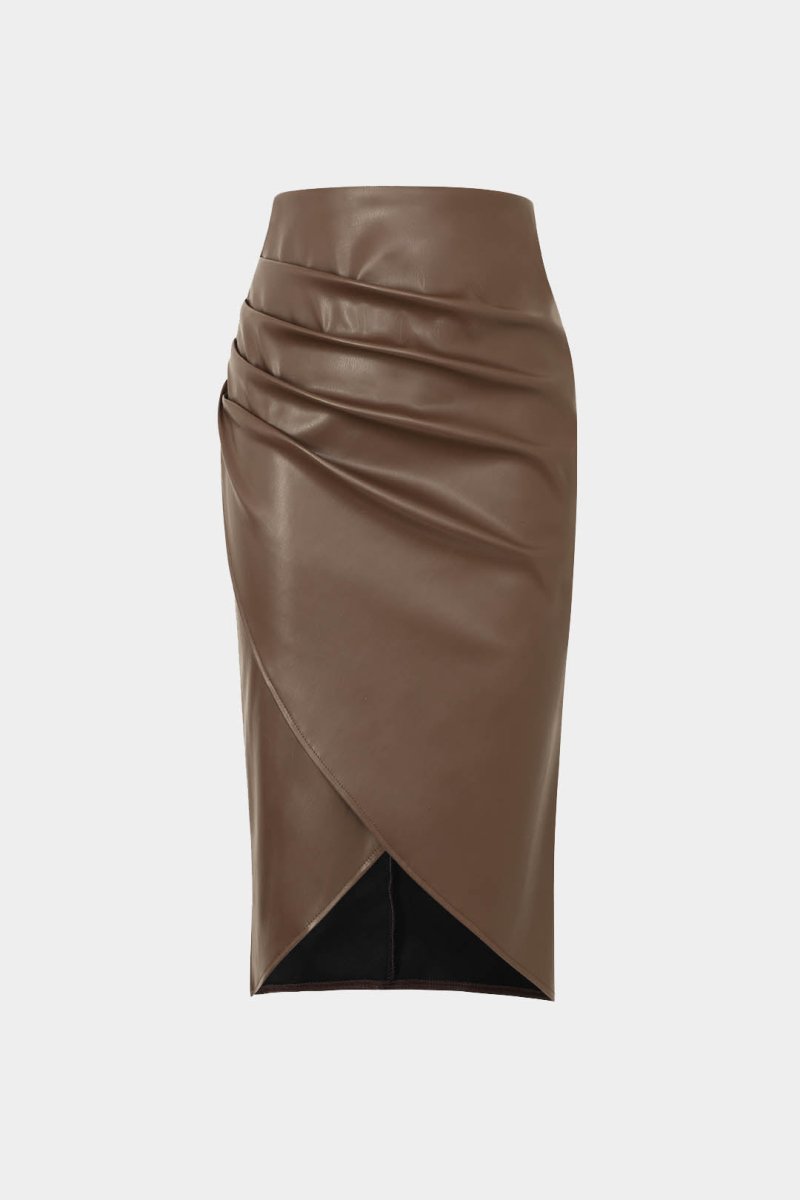Faux Leather Wrap Ruched Midi Skirt - MISMIMCWBK2209180024-COFFEE-XS