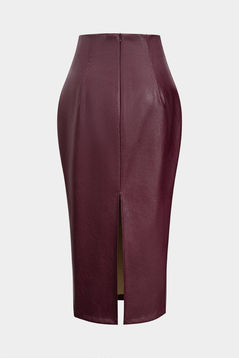Faux Leather Zipper High Waist Skirt - MISMIMCWBK2509160156-BURGUNDY-XS