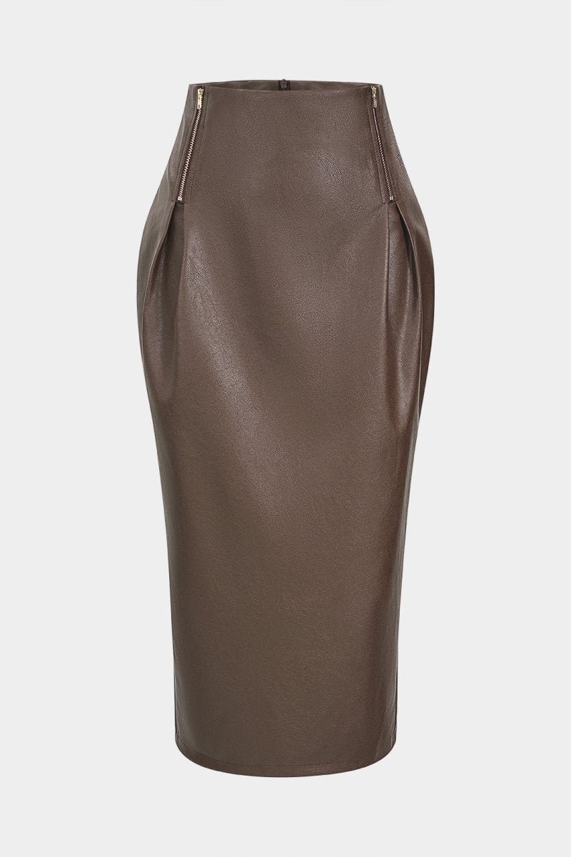 Faux Leather Zipper High Waist Skirt - MISMIMCWBK2509160156-MOCHA-XS