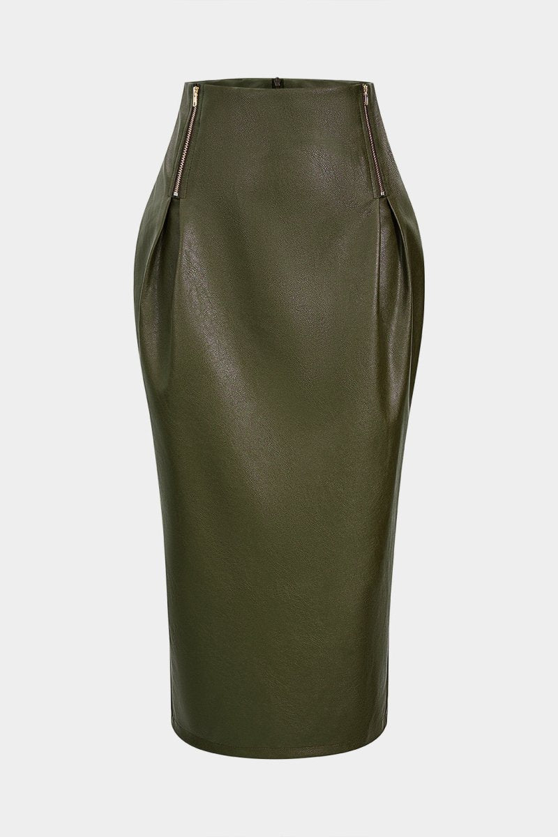Faux Leather Zipper High Waist Skirt - MISMIMCWBK2509160156-OLIVE-XS