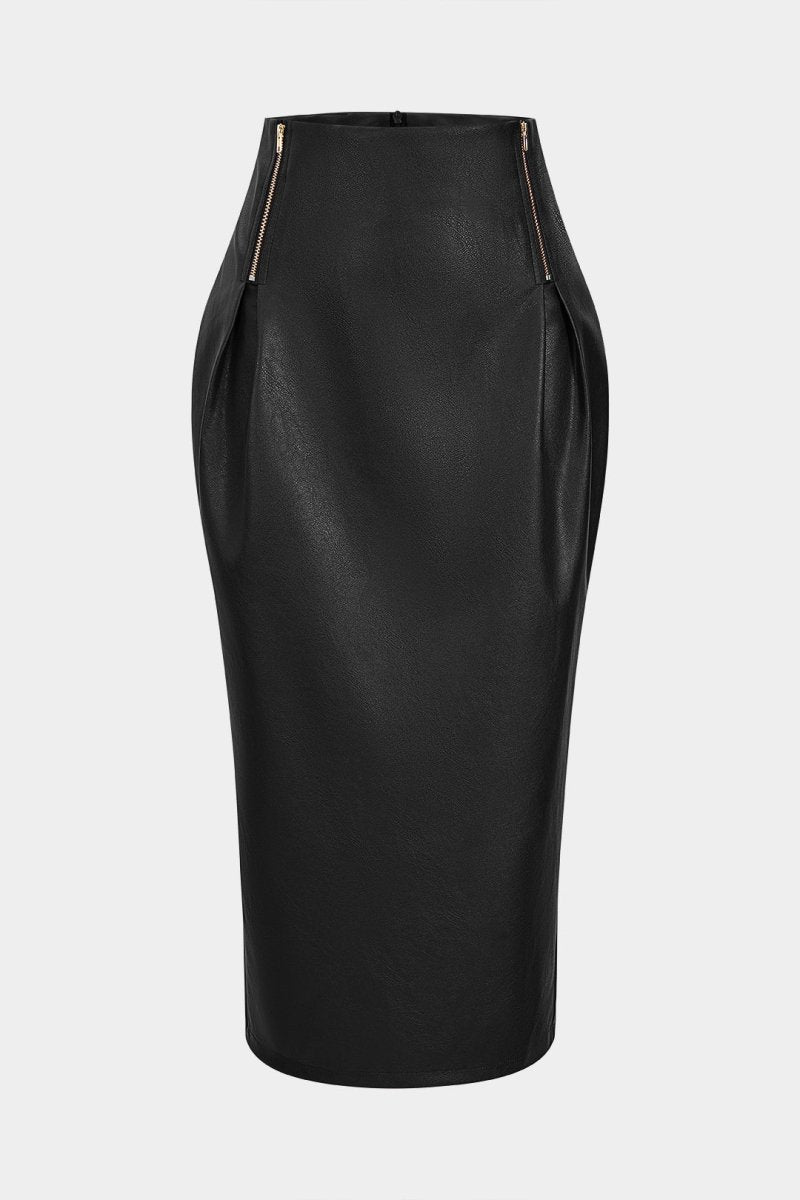 Faux Leather Zipper High Waist Skirt - MISMIMCWBK2509160156-BLACK-XS