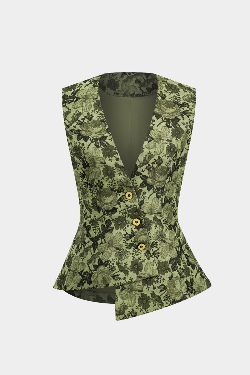 Floral Pattern Button Vest - MISMIMCWOV2411260012-GREEN-XS