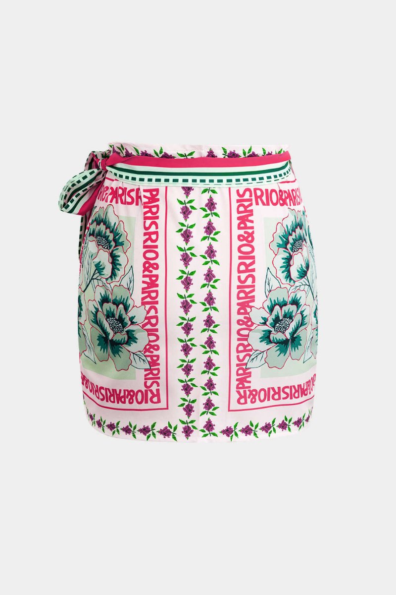 Floral Print Wrap Knot Mini Skirt - MISMIMCWBK2403250023-RASPBERRY-XS