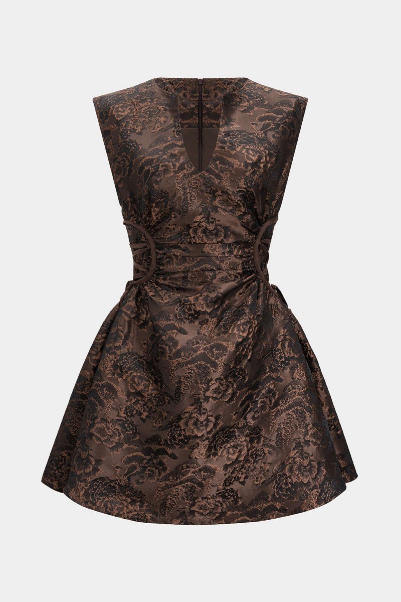 Jacquard Ruched Drawstring V - Neck Zipper Sleeveless Mini Dress - MISMIMCWDC2507290107-BROWN-XS