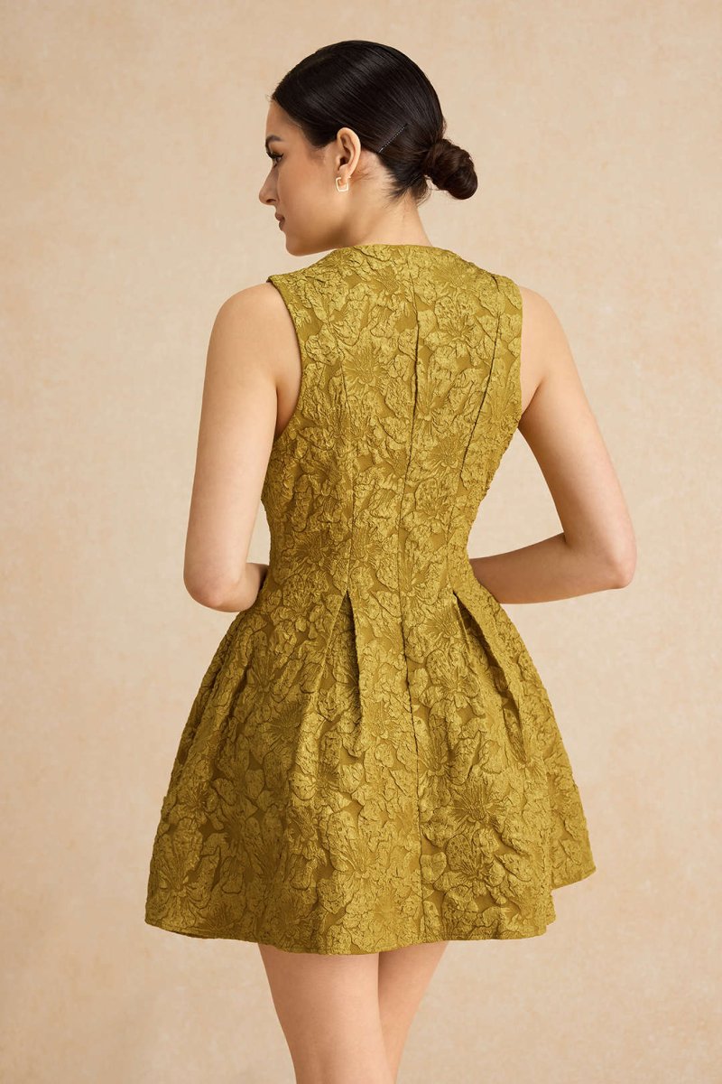 Jacquard Sleeveless Ruched Mini Dress - MISMIMCWDC2501080019-LIME-XS