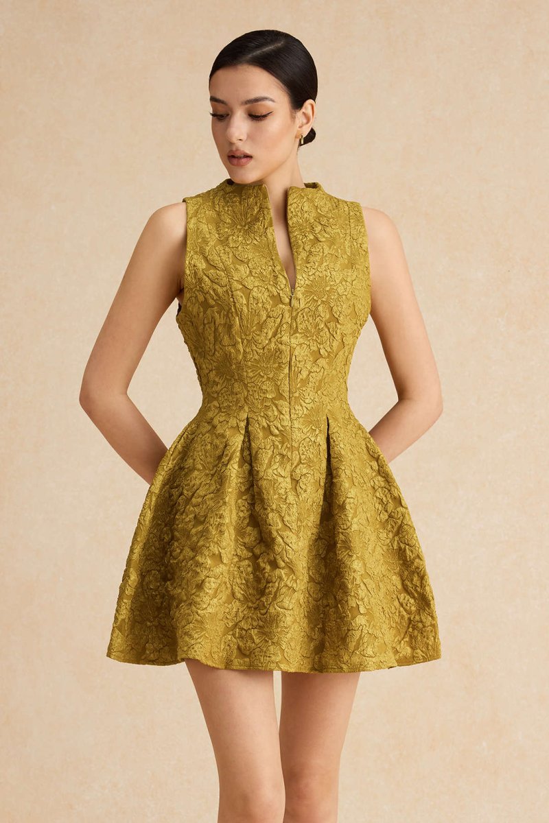 Jacquard Sleeveless Ruched Mini Dress - MISMIMCWDC2501080019-LIME-XS