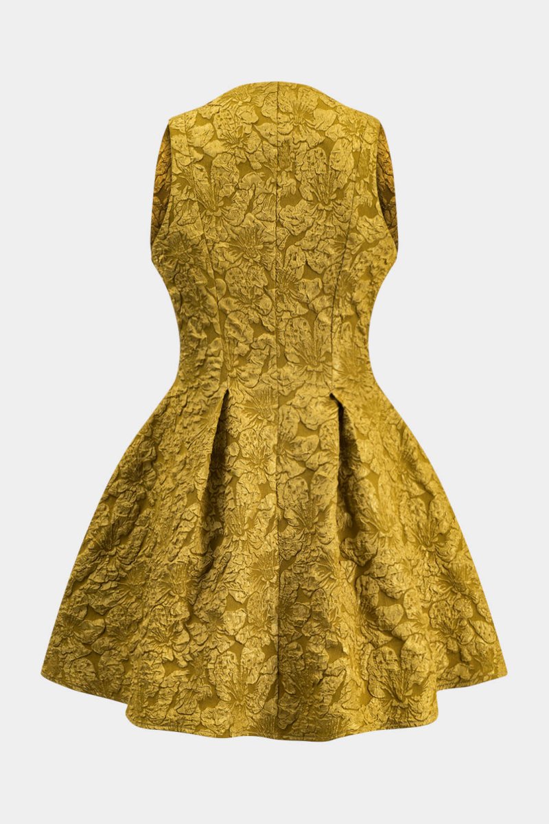 Jacquard Sleeveless Ruched Mini Dress - MISMIMCWDC2501080019-MUSTARD-XS