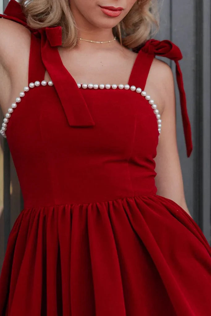 Mary Velvet Holiday Pearl Dress - Red