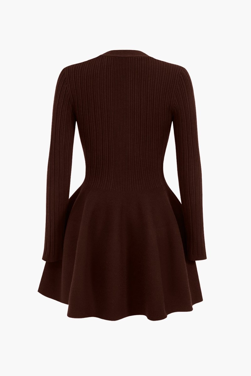 Knit Puff Hem Long Sleeve V - neck Dress - MISMIMCWKD2411040124-BROWN-XS
