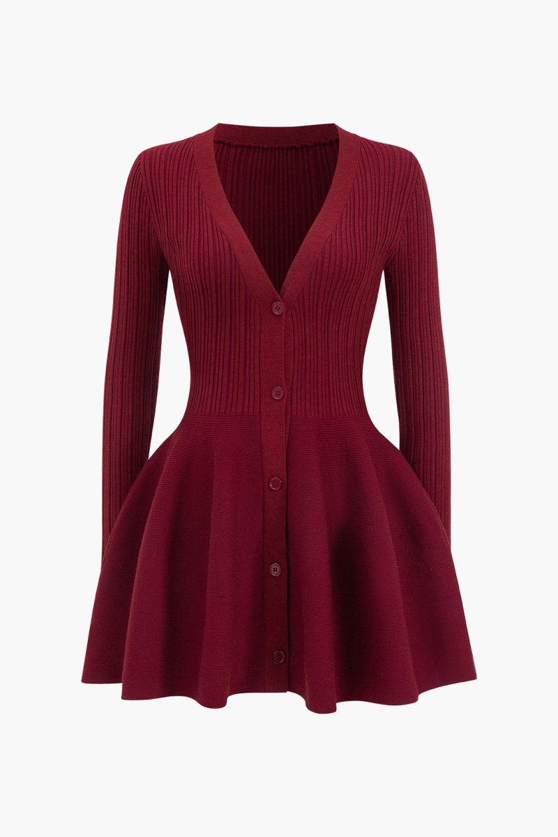 Knit Puff Hem Long Sleeve V - neck Dress - MISMIMCWKD2411040124-BURGUNDY-XS