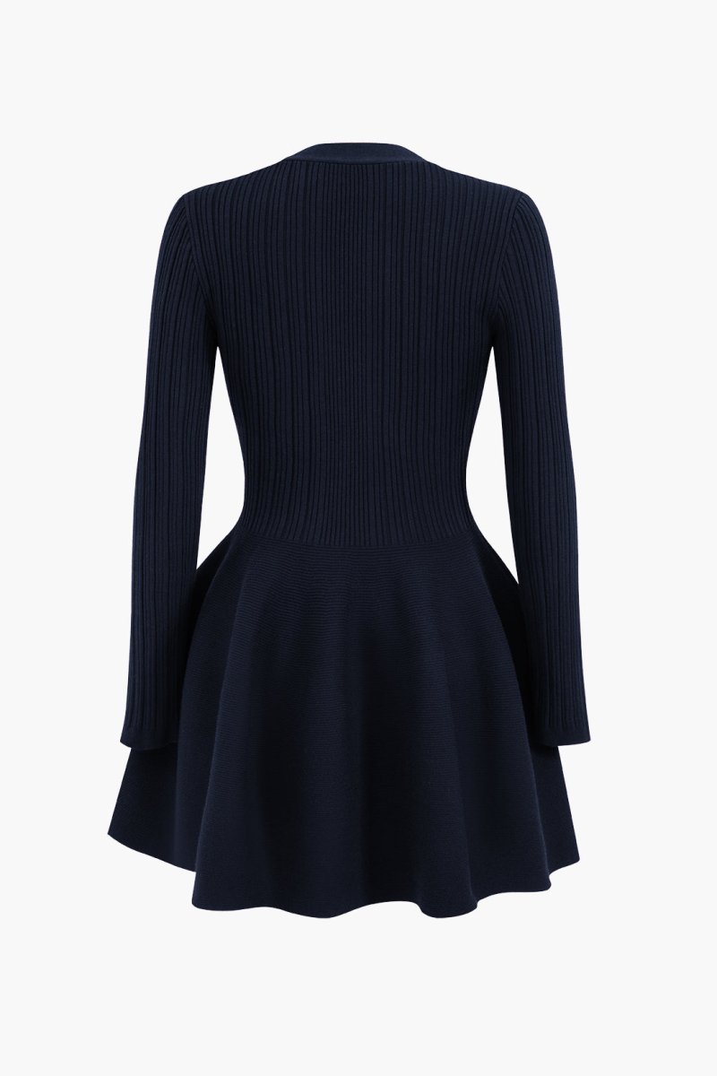 Knit Puff Hem Long Sleeve V - neck Dress - MISMIMCWKD2411040124-DARK BLUE-XS