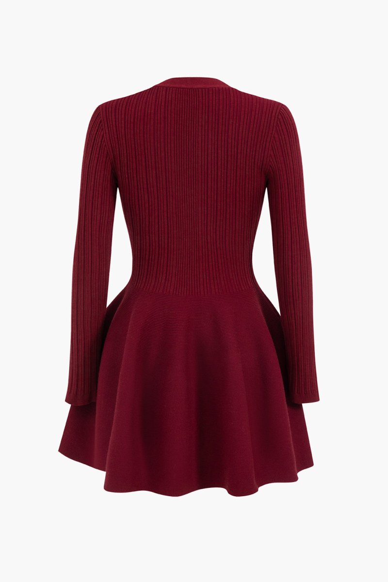 Knit Puff Hem Long Sleeve V - neck Dress - MISMIMCWKD2411040124-BURGUNDY-XS
