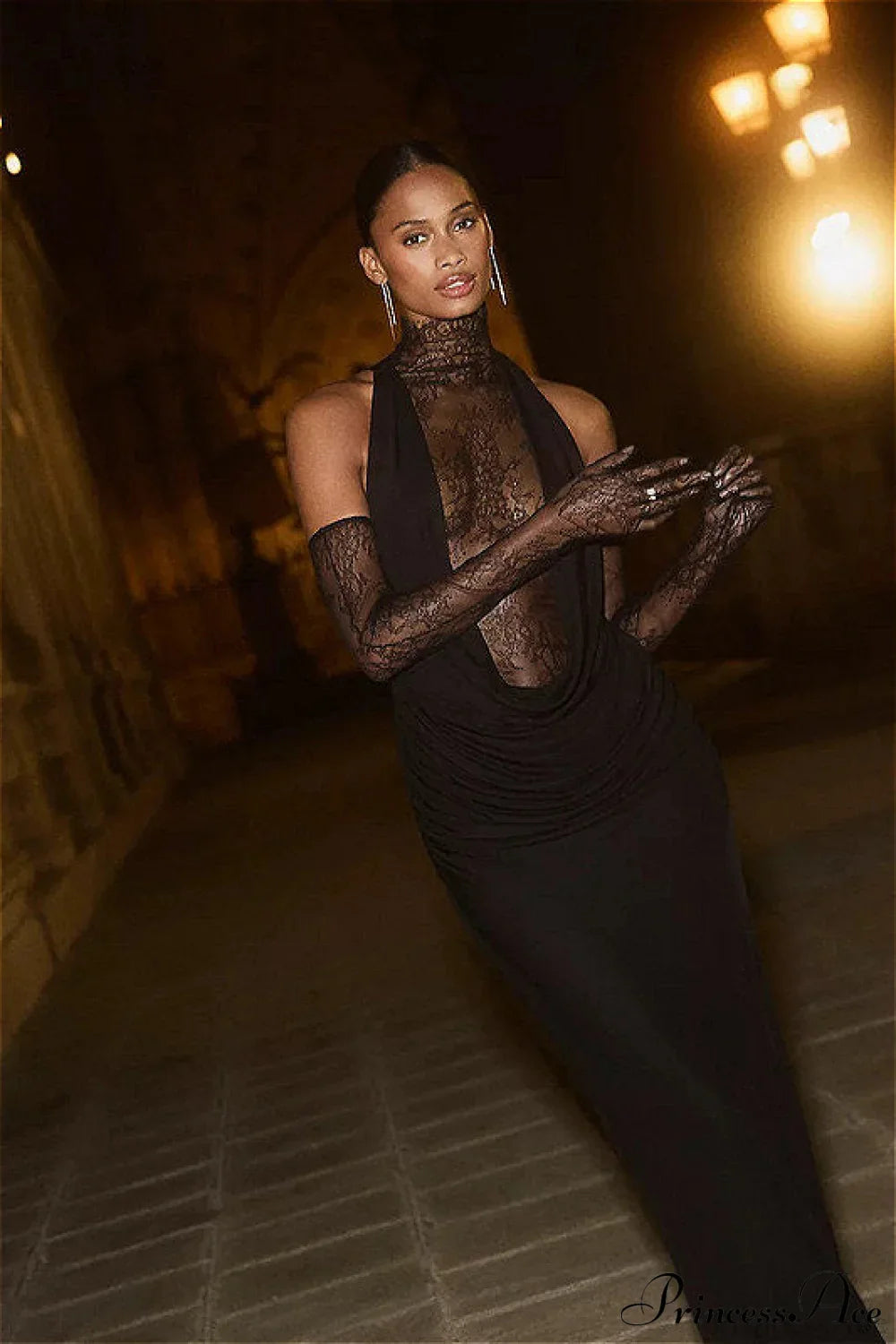 Lace Panel Halterneck Deep V Ruched Party Dress