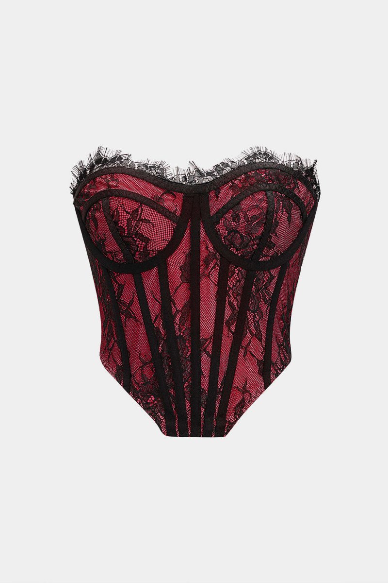 Lace Trim Corset Tube Top - MISMIMCWTU2509080076-BURGUNDY-XS