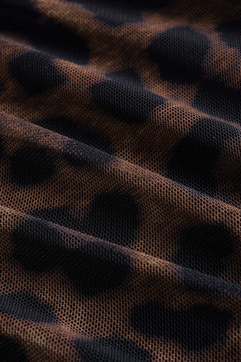 Leopard Print Mesh V - Neck Ruched Twist Knot Slip Sleeveless Bodysuit - MISMIMCWTO2509050061-COFFEE-XS