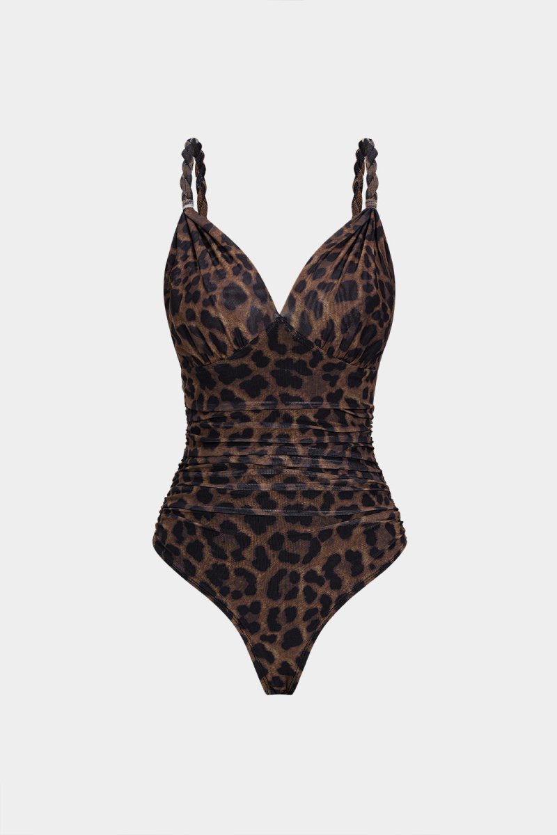 Leopard Print Mesh V - Neck Ruched Twist Knot Slip Sleeveless Bodysuit - MISMIMCWTO2509050061-COFFEE-XS