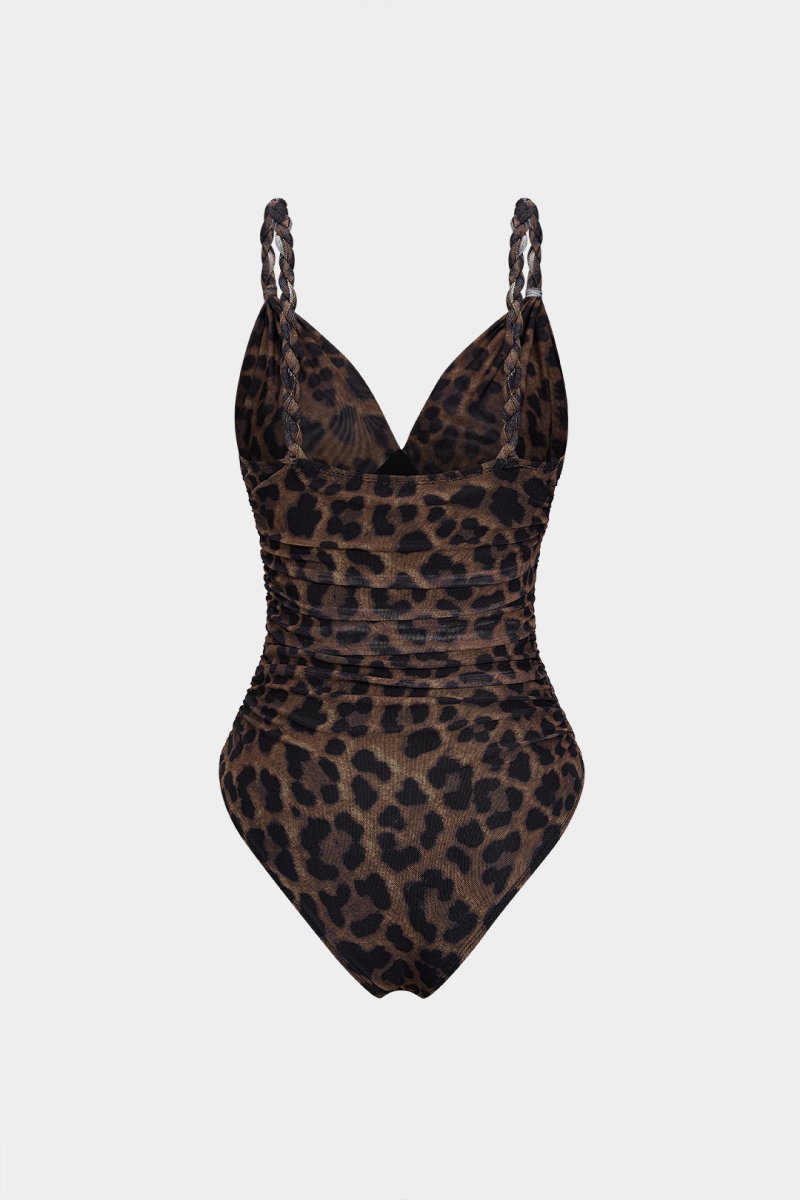 Leopard Print Mesh V - Neck Ruched Twist Knot Slip Sleeveless Bodysuit - MISMIMCWTO2509050061-COFFEE-XS