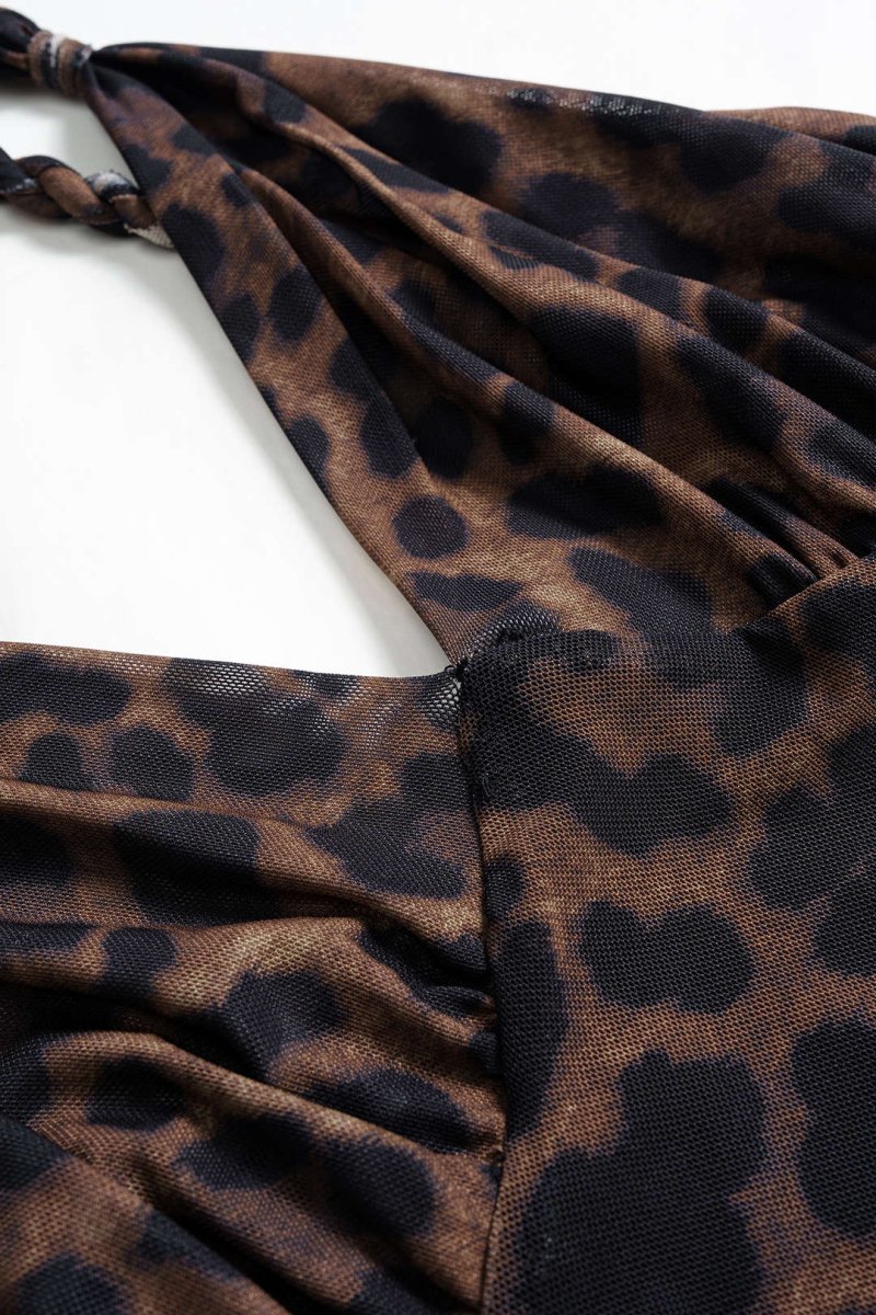 Leopard Print Mesh V - Neck Ruched Twist Knot Slip Sleeveless Bodysuit - MISMIMCWTO2509050061-COFFEE-XS