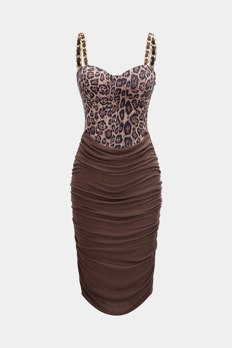 Leopard Print Ruched Chain Slip Sleeveless Midi Dress - MISMIMCWDA2509090038-BROWN-XS