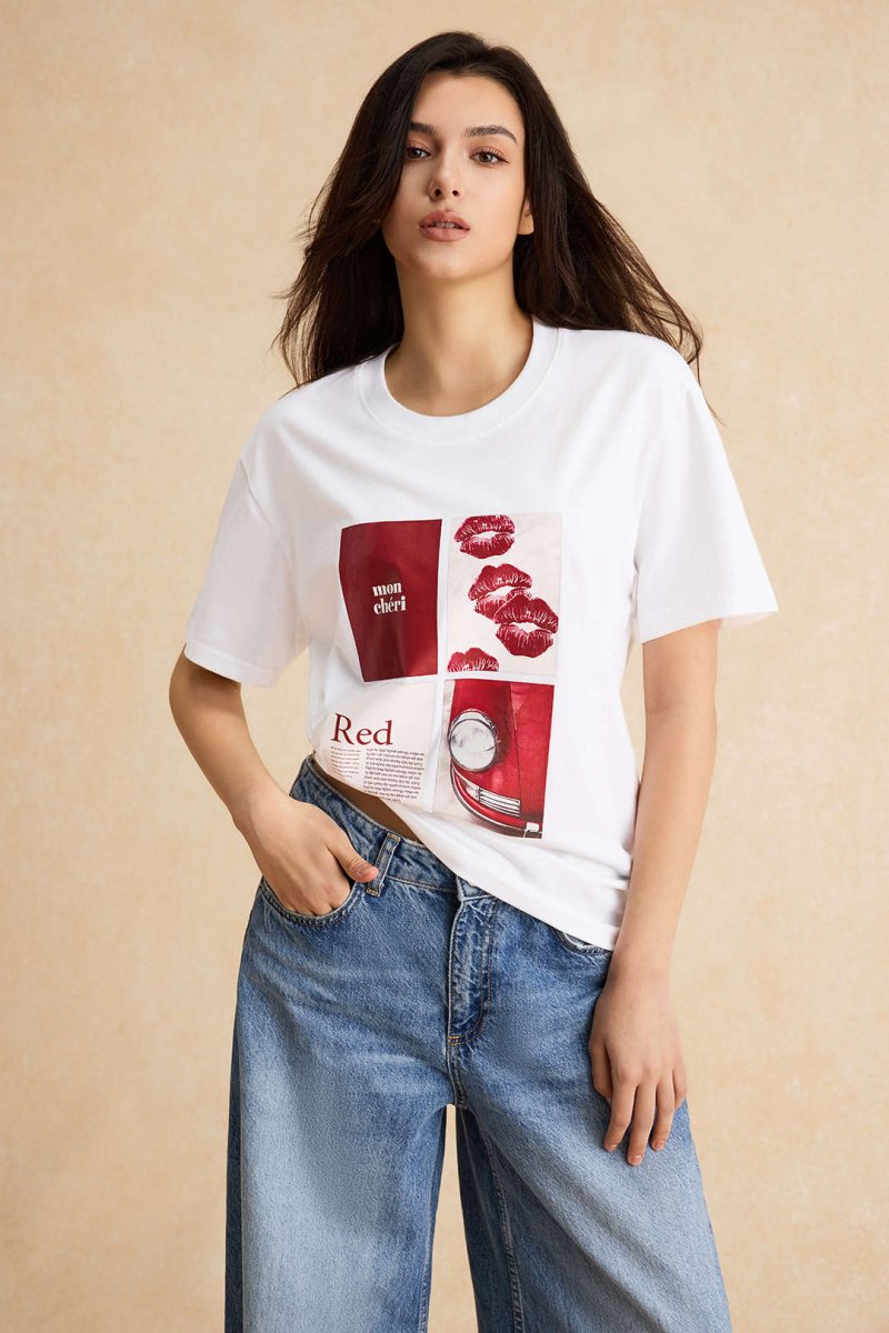 Letter Print Round Neck Short Sleeve T-Shirt - MISMIMCWTS2412200100-WHITE-S