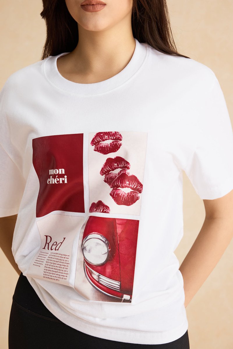 Letter Print Round Neck Short Sleeve T-Shirt - MISMIMCWTS2412200100-WHITE-S