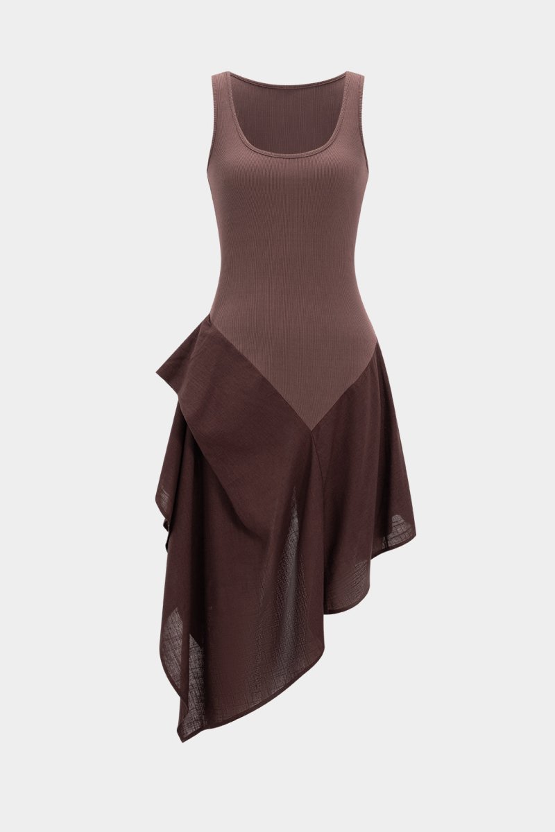 Linen Patchwork Ruched Asymmetrical Sleeveless Maxi Dress - MISMIMCWDA2504080052-PALE MAUVE-XS