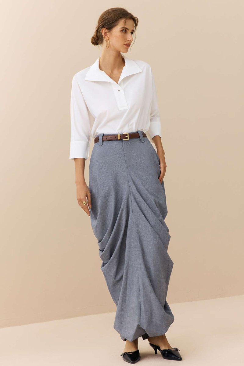 Linen Solid Ruched Skirt - MISMIMCWBK2504300049-GRAY-S