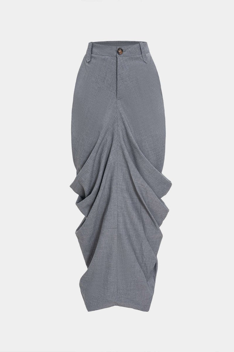 Linen Solid Ruched Skirt - MISMIMCWBK2504300049-GRAY-S