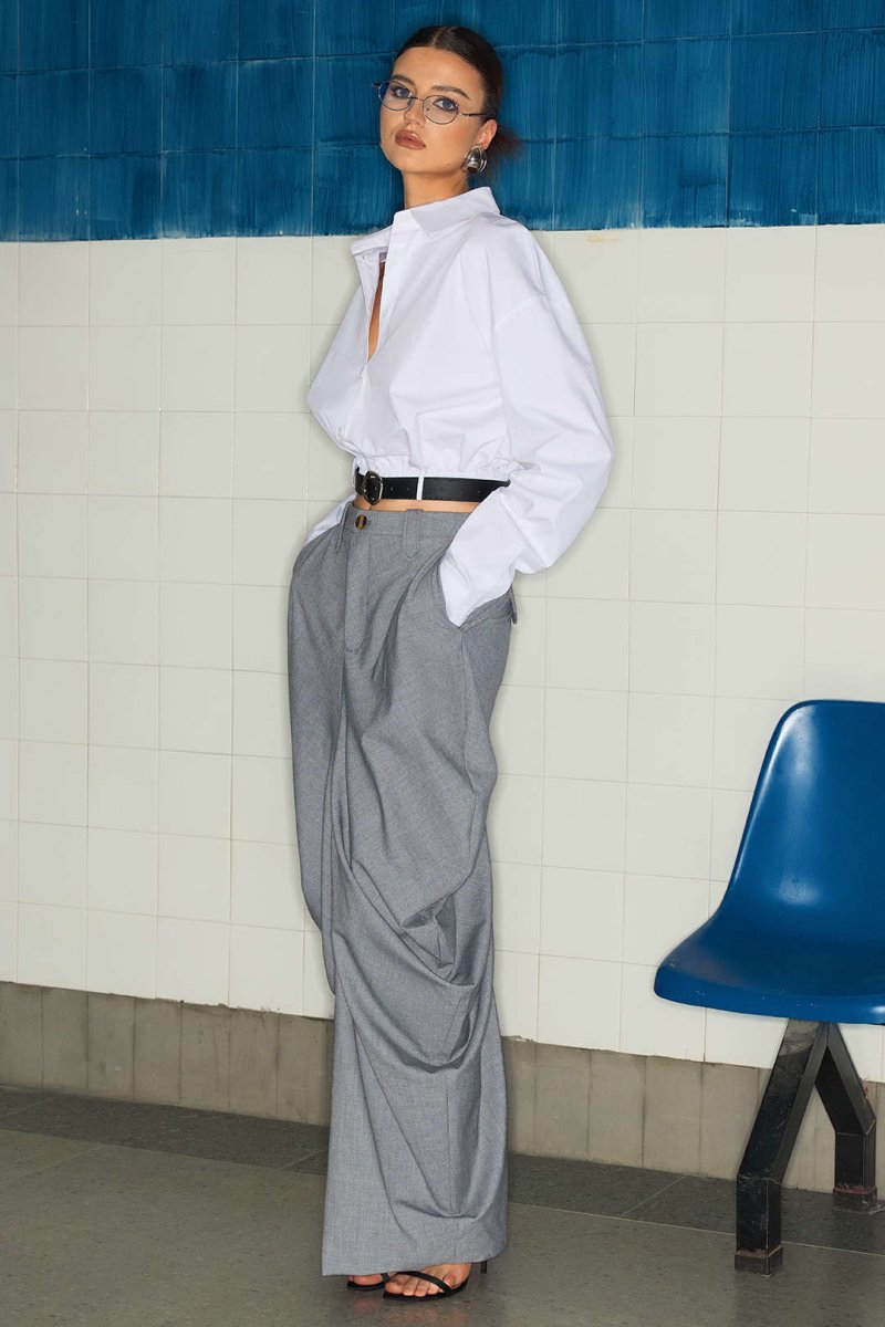 Linen Solid Ruched Skirt - MISMIMCWBK2504300049-GRAY-S