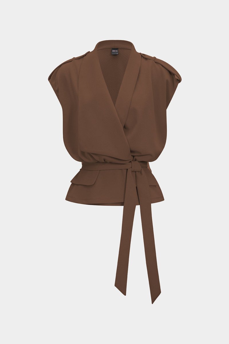 Linen Tie Front Asymmetrical Vest - MISMIMCWOV2507020009-BROWN-XS