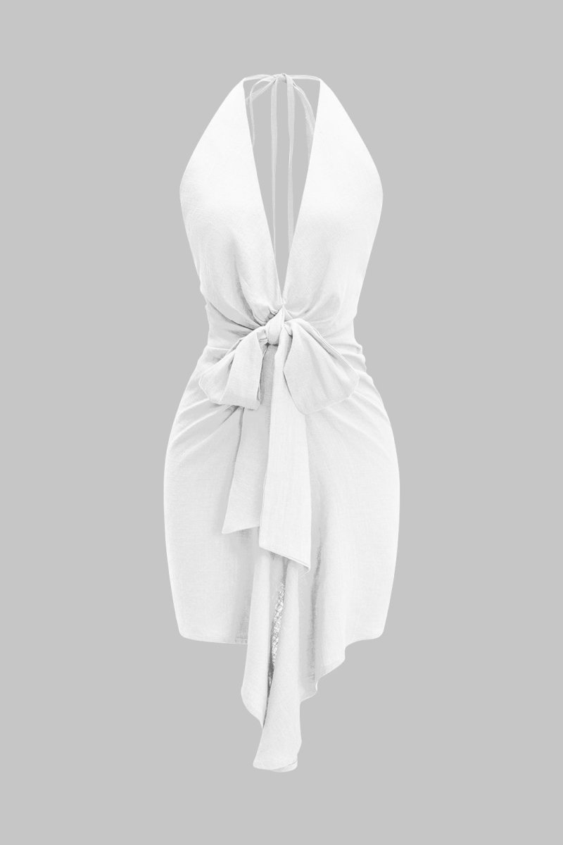 Linen Tie Front V - Neck Halter Neck Ruched Backless Sleeveless Mini Dress - MISMIMCWDC2503060020-WHITE-XS