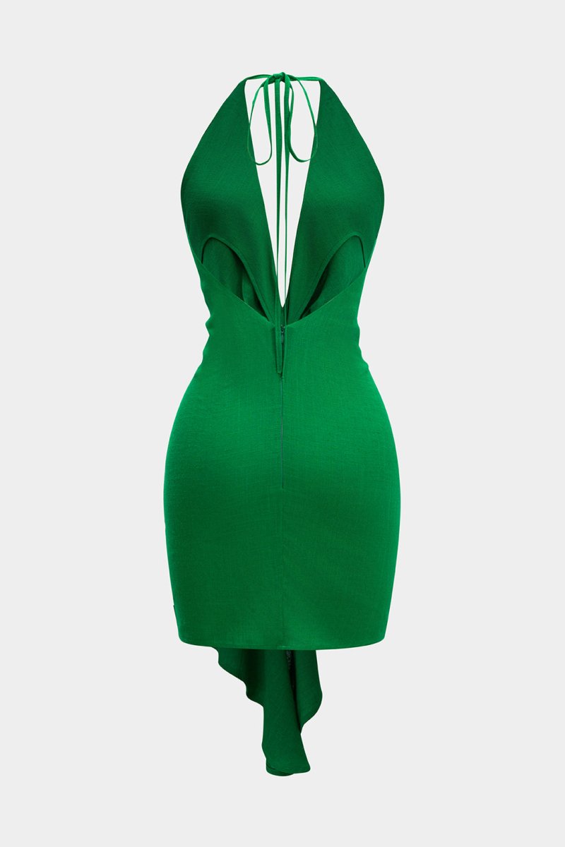 Linen Tie Front V - Neck Halter Neck Ruched Backless Sleeveless Mini Dress - MISMIMCWDC2503060020-GREEN-XS